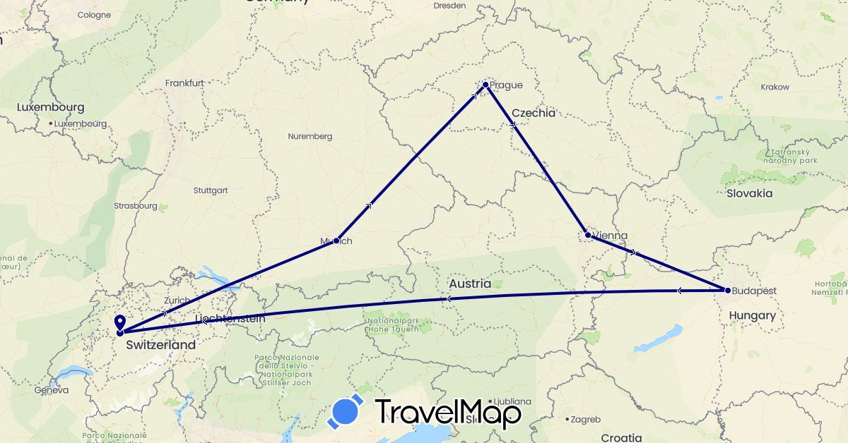 TravelMap itinerary: driving in Austria, Switzerland, Czech Republic, Germany, Hungary (Europe)
